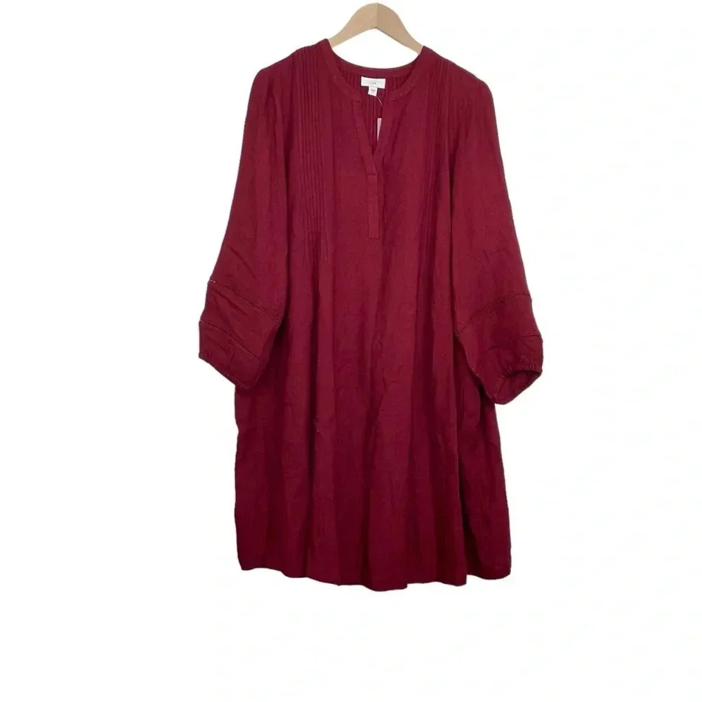 J. Jill Red Brushed Twill Pintuck Dress Large